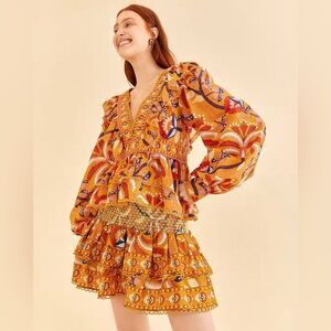 Farm Rio Palms Party Yellow Ruffled Blouse